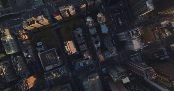 Gökyüzü kuşları şehrin gelişimine tepeden bakıyor. Sonbahar şehrinde caddelerle çevrili binalar. Manhattan, New York City, ABD — Stok video
