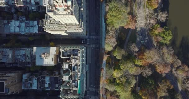 Luchtvogels oog boven hoofd naar beneden uitzicht op gebouwen en straat langs Central park. Twee torens van historisch San Remo gebouw. Manhattan, New York City, Verenigde Staten — Stockvideo