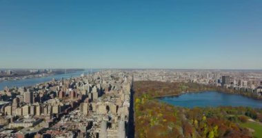 Şehirde güneşli bir sonbahar günü. Forvetler renkli Central Park 'ın ve şehir merkezinin üzerinde uçuyor. Manhattan, New York City, ABD