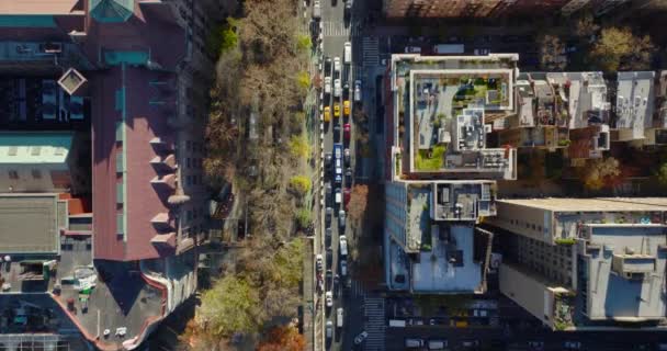 Oiseaux aériens vue aérienne du haut vers le bas des embouteillages dans les rues de la ville. Route encombrée autour de l'American Museum of Natural History. Manhattan, New York, États-Unis — Video