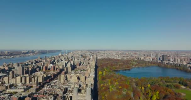 Sunny autumn day in city. Forwards fly above colourful central park and town development around. Manhattan, New York City, USA — Stock Video