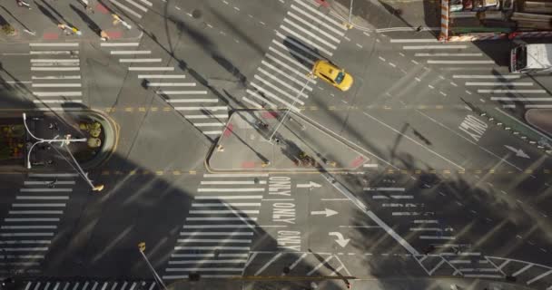 Kuşlar tepeden aşağıya bakıyor. Yayaların büyük bir kavşaktan karşıya geçerken görüntüsü yükseliyor. Şehirde güneşli bir gün. Manhattan, New York City, ABD — Stok video