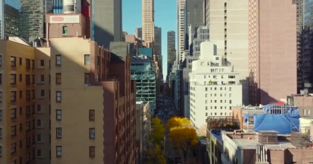 En avant volent entre les bâtiments de grande hauteur dans la ville. Arbres de couleur automne. Manhattan, New York, États-Unis — Video