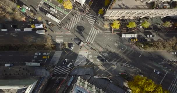 Aerial birds eye overhead top down ascending view of multiple streets crossroad. Manhattan, New York City, USA — Wideo stockowe