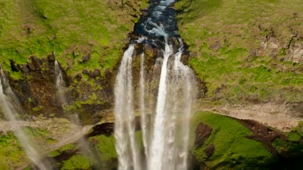Flygbilder av Seljalandsfoss vattenfall upplysta av ljus sol. Hög vinkel syn på strömmen faller till djup. Luta upp avslöjar grönt landskap. Island — Stockvideo