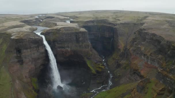 Αεροφωτογραφία του φαραγγιού με αρκετούς ψηλούς καταρράκτες. Μάζα λευκού νερού που πέφτει σε βάθος και ψεκάζεται. Πέτα πάνω από ένα τεράστιο βραχώδες φαράγγι. Haifoss, Ισλανδία — Αρχείο Βίντεο