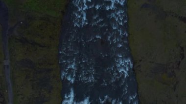 Kuşlar tepeden aşağıya kırsal kesimden şelaleye akan nehrin görüntülerini izliyorlar. Su kenar bilgi derinliğinden dökülüyor, sıçrıyor ve püskürtüyor. İzlanda