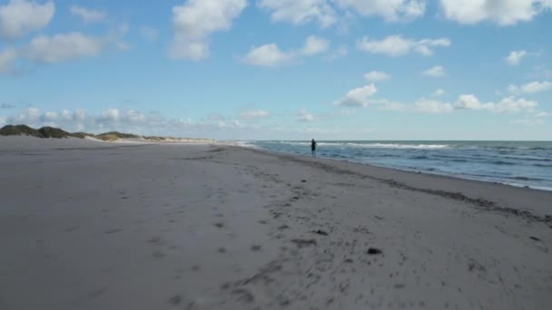 Śledzenie osoby biegającej po plaży. Piaski w cieniu chmur. Fale myjące wybrzeże. Dania — Wideo stockowe