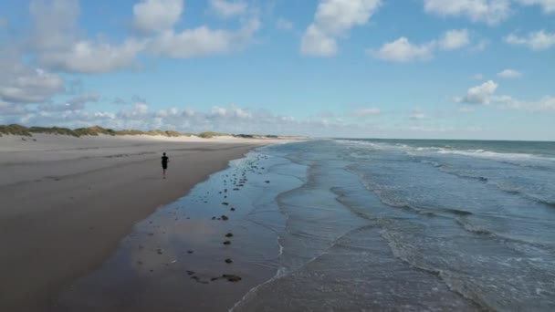 Corriendo en la playa a lo largo de la costa. Deportista descalzo corriendo sobre la superficie de la arena. Ondas suaves rodando al banco. Países Bajos — Vídeo de stock