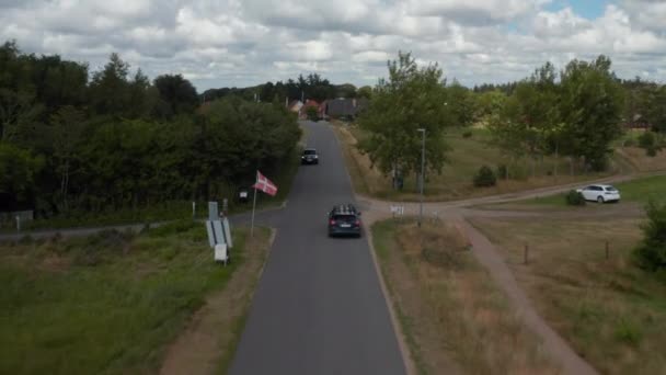 Śledzenie samochodu przejeżdżającego przez wioskę. Duńskie flagi na słupach wzdłuż ulicy. Konie pasą się na świeżej zielonej trawie. Dania — Wideo stockowe