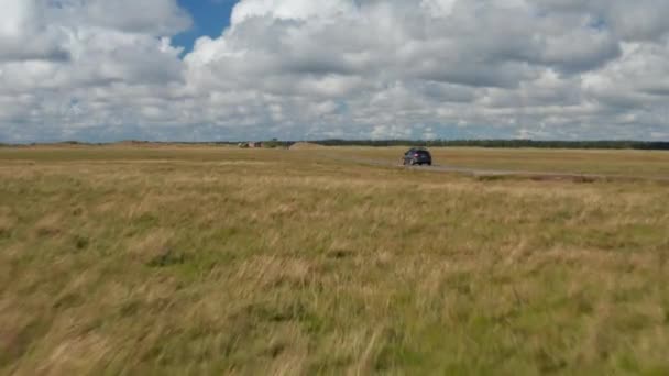 Les conducteurs cèdent la place à d'autres voitures et cyclistes sur une route de campagne étroite à travers de vastes prairies plates. Danemark — Video