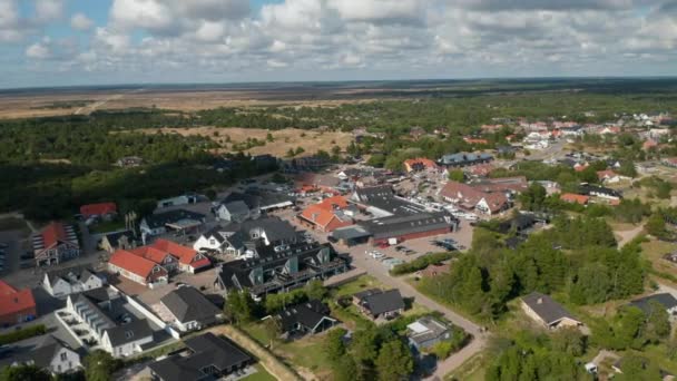 Aerial panoramic footage of buildings in small town. Flat landscape with trees surrounding town. Denmark — Stock Video