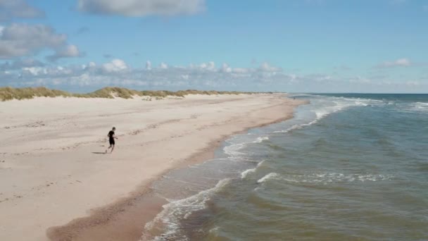 Barfodssportsmand kører på stranden langs havvask sand. Sporting på solskinsdag, aktiv livsstil. Danmark – Stock-video