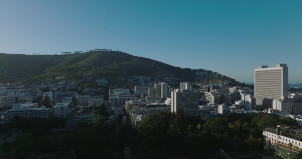 Företag trädgård och byggnad i stan. Alley of trees on flat toped Signal Hill above city. Kapstaden, Sydafrika — Stockvideo