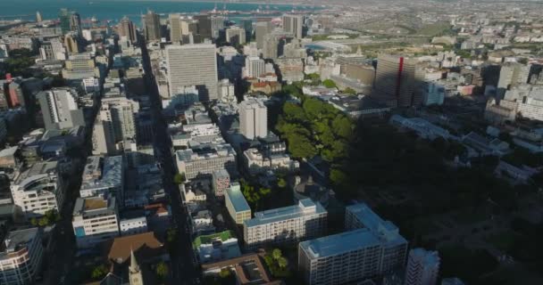 Byggnader runt gamla Companys Garden i centrum. Borough upplyst av ljus sol. Blått hav i Table Bay i bakgrunden. Kapstaden, Sydafrika — Stockvideo