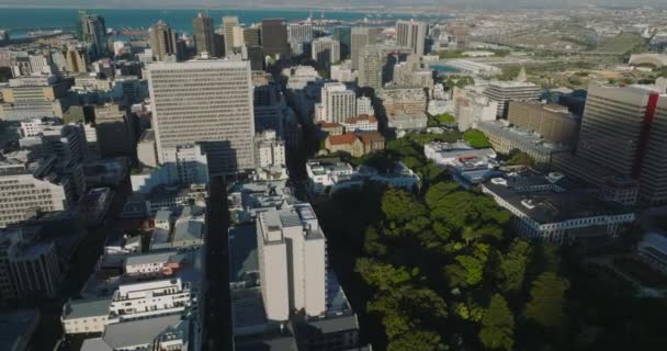 Letecké záběry budov kolem Companys Garden v centru města. Modrá mořská hladina v zátoce v pozadí. Kapské Město, Jihoafrická republika — Stock video