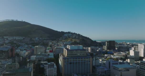 Leť nad městem v pobřežním městě. Řada stromů na vrcholu Signal Hill nad městem. Kapské Město, Jihoafrická republika — Stock video