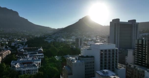 Передній політ над будівлями та парком у місті. Леви світяться проти сонця. Кейптаун (ПАР) — стокове відео