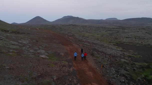 İzlanda 'da çölü yürüyerek geçen dört kişi muhteşem manzaranın tadını çıkarıyor. Hava manzaralı sağlıklı yürüyüşçüler doğa üzerinde inanılmaz keşifler yapıyorlar. — Stok video