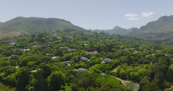 Imagens aéreas de residências de luxo cercadas por uma rica vegetação verde exuberante. Casas grandes em declive entre árvores. Montanhas no fundo. Cidade do Cabo, África do Sul — Vídeo de Stock