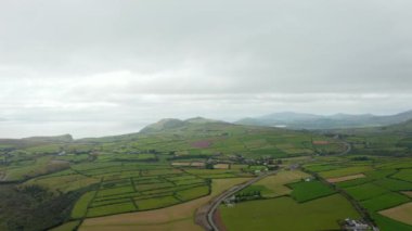Deniz kenarındaki tarımsal manzaranın hava panoramik görüntüleri. Yeşil tarlaları ve çayırları olan kırsal kesimden geçen bir yol. İrlanda