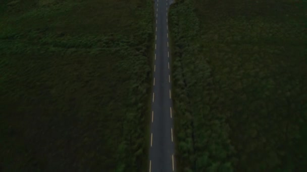 Вперед летят над узкой проселочной дорогой с жёлтыми линиями по бокам. Высокий угол обзора тропы в окружении лугов. Ирландия — стоковое видео