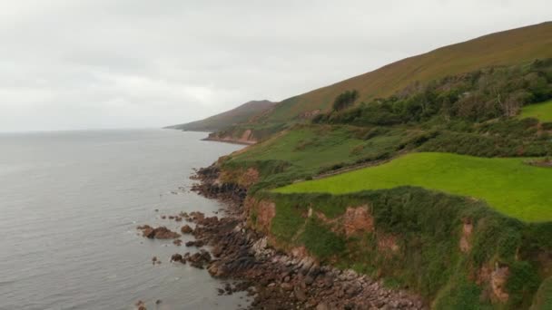En avant voler au-dessus de la côte. Pente d'herbe et falaises rocheuses. Paysage panoramique filmé par temps nuageux. Irlande — Video