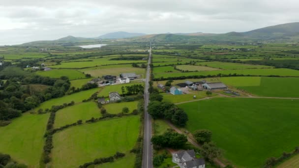 後方の長い直線道路の田舎を介してリード上を飛ぶ。緑のフィールドと牧草地の小さな部分に分かれています。アイルランド — ストック動画