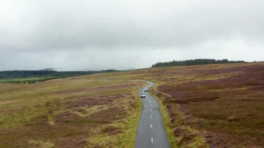 Kırsalda iki araba birbirinin yanından geçiyor. Çayırları ve ormanları olan yüksek manzara manzarası. İrlanda