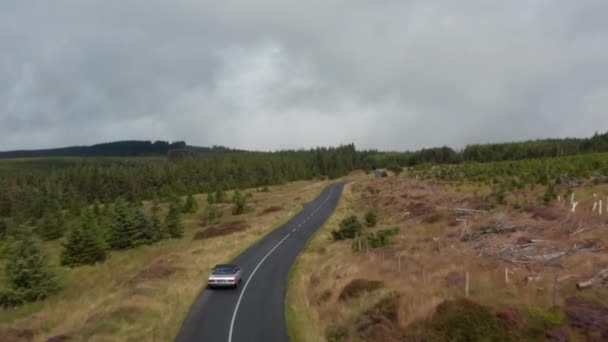 Seuraavat hopea vintage urheiluauto ajo kaareva tie metsämaisemassa. Pilvinen taivas sadepäivänä. Irlanti — kuvapankkivideo
