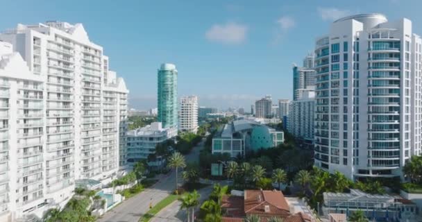 Modern urban stadsdel med höga hyreshus i tropiska på solig dag. Framåt flyga ovanför vägen fodrad med palmer. Miami, USA — Stockvideo