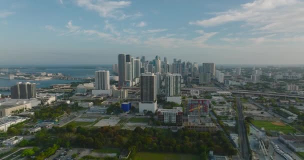 En arrière voler au-dessus de la ville. Groupe d'appartements modernes de grande hauteur ou de bureaux au centre-ville sur le front de mer. Miami, États-Unis — Video