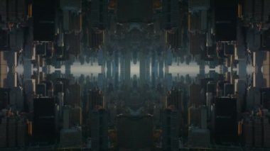 Metropolis 'teki şehir merkezindeki binaların tersten görünümü. Soyut bilgisayar efekti dijital oluşturulmuş görüntüler..