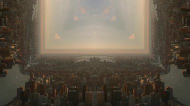 Gün batımında büyük bir şehir, şehir merkezinde çeşitli binalar. Soyut bilgisayar efekti dijital oluşturulmuş görüntüler..