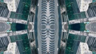 Modern kentsel ilçedeki gökdelenlerin yüksek açılı görüntüsünü aşağı eğ. Soyut bilgisayar efekti dijital oluşturulmuş görüntüler..