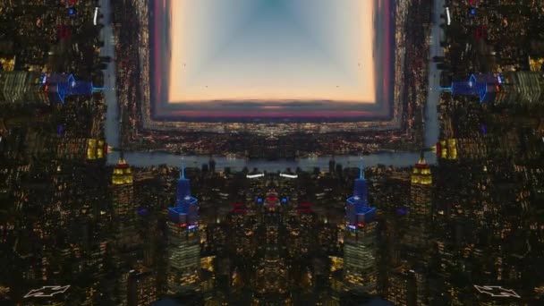 夕暮れ時に高層ビルと現代都市のバラの空中パノラマショット 要約コンピュータ効果デジタル合成映像 — ストック動画