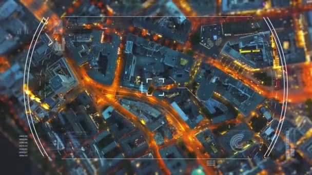 Shora Dolů Záběr Budov Osvětlených Ulic Městské Čtvrti Noci Rozšířená — Stock video