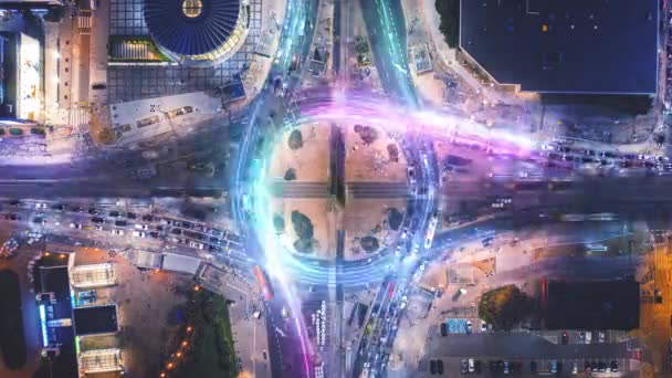 Top Hyperlapse Shot Traffic Large Road Intersection Visual Effect Highlighting — Vídeo de Stock