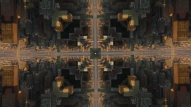 Metropolis temalı binalar, güneşle aydınlatılan gelişmeler. Soyut bilgisayar efekti dijital oluşturulmuş görüntüler.