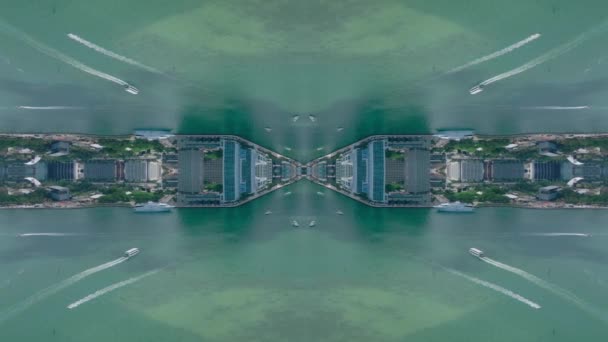 Symmetrical Composition Modern Buildings Waterfront Boats Passing Water Surface Abstract — Vídeo de Stock