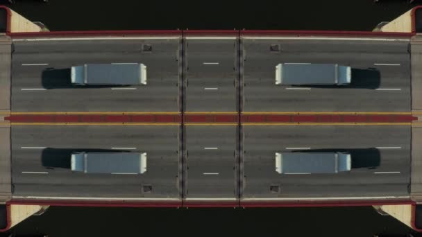 Top Ascending Footage Cars Passing Bridge Water Symmetrical Composition Abstract — Stock Video