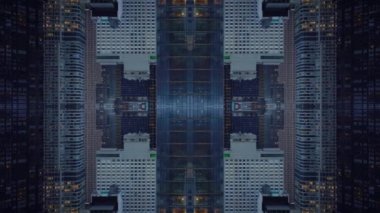 Futuristic footage of modern buildings in city. Business skyscrapers with lighted windows. Abstract computer effect digital composed footage.