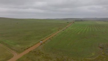 Aerial view of car driving on dirt road in agricultural countryside. Cloudy day in landscape. South Africa.