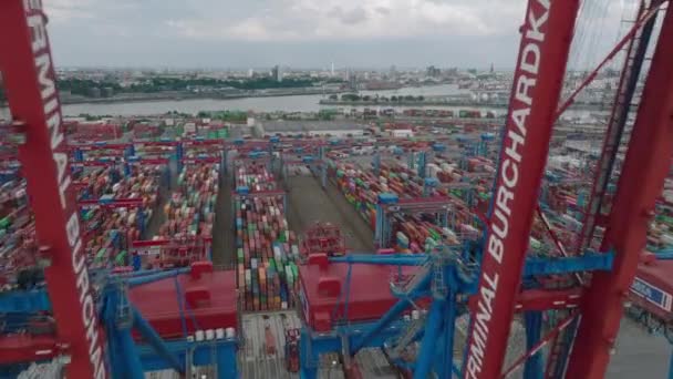 Fly Majestic Gantry Cranes Revealing Thousands Overseas Containers Logistic Cargo — Stock videók