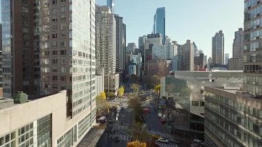 Şehirdeki geniş caddenin üzerinde ilerliyorlar. Etraftaki yüksek binalar. Bir kuş sürüsü yol üzerinde daireler çiziyor. Manhattan, New York City, ABD.