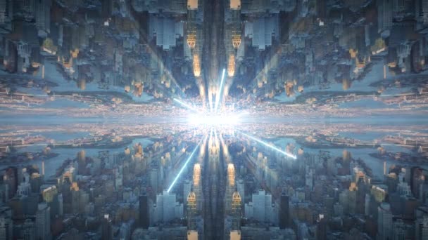 抽象都市の背景 大都市のダウンタウンの建物のコンピュータグラフィックスを反映 都市の活性化を回避しながら明るい光 — ストック動画