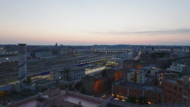 Aerial View Illuminated Central Train Station Colour Twilight Sky Sliding — Stock Video