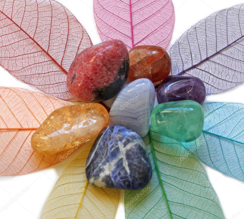 Chakra crystals on leaves