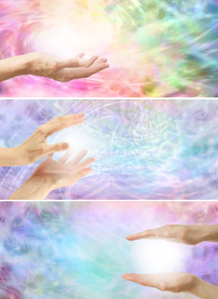 Healing hands on rainbow energy background x 3 — Stock Photo, Image