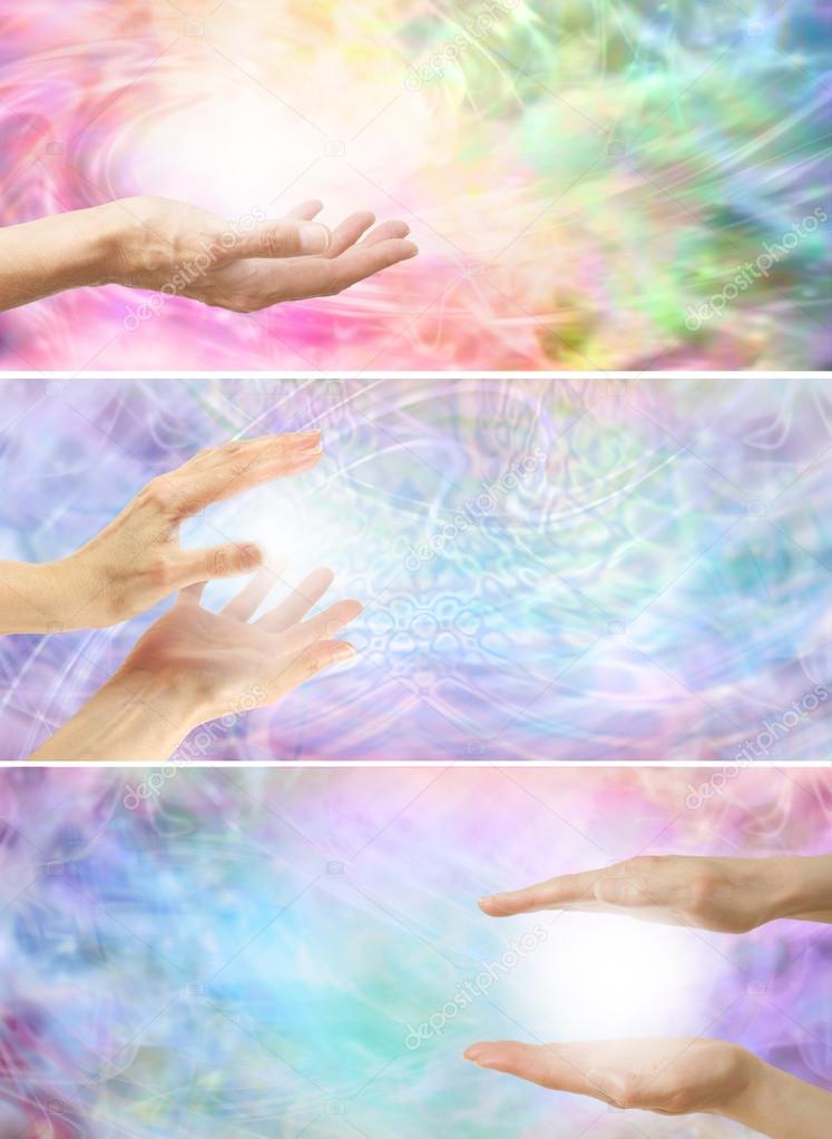 Healing hands on rainbow energy background x 3